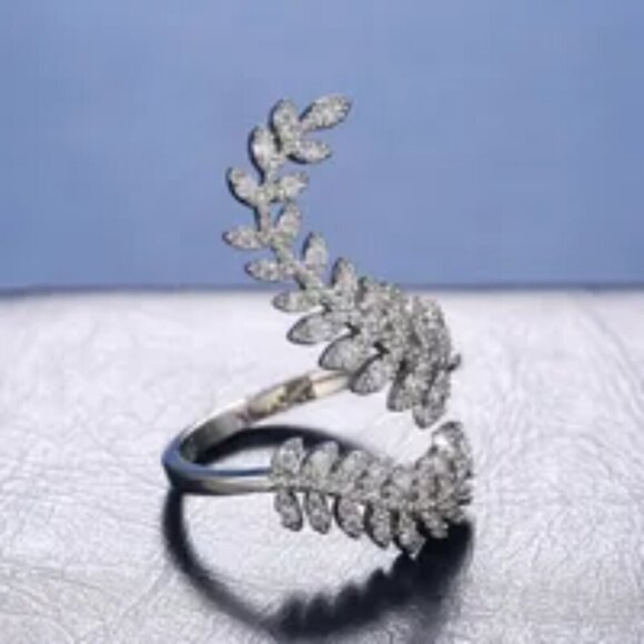 Sterling Silver Diamond Leaf Adjustable Ring  Elegant NWT - Picture 3 of 5